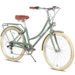 AVASTA Hybrid Bike for Women Female Lightweight Step Through 26 inch Hi-Ten Steel Frame City Commuter Comfort Lady Bicycle, 6-Speed, Color Green with Beige Tires