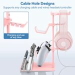 KDD Headphone Stand, Controller Holder & Headset Holder for Desk, Earphone Stand with Aluminum Supporting Bar, Universal Storage Organizer Headphones/Controller/Switch/iPad/Mobile Phone(Pink)