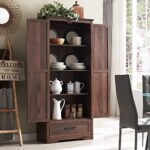 JXQTLINGMU 72″ Tall Farmhouse Kitchen Pantry with Adjustable Shelves, Large Wood Storage Cabinet with Drawer & 2 Barn Doors, Versatile Storage for Kitchen, Dining Room, Bathroom, Living Room, Brown