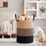 VIPOSCO Tall Laundry Basket, Large Dirty Clothes Hamper with Leather Handle, Woven Rope Storage Basket for Blanket, Toy In Living Room, Bathroom, Bedroom – 100L Brown & Black