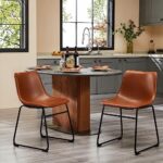 Sweetcrispy Dining Chairs Set of 2? Modern Upholstered Dining Room Bar Chairs with PU Leather Cushion and Metal Legs, 18 inch Seat Height Counter Height Bar Stools for Kitchen Island, Whiskey Brown