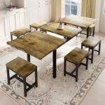 Feonase 7-Piece Dining Table Set for 4-8, 63″ Large Extendable Kitchen Table Set with 6 Chairs, Modern Dining Room Table with Heavy-Duty Frame, Easy Assembly, Rustic Brown