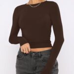 ZHENWEI Womens Long Sleeve Going Out Tops Slim Fitted Workout Compression Shirt Y2k Basic Crop Tee Cloth Black&Dark Brown L