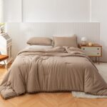 YIRDDEO Taupe Boho Ball Pom Pom Queen Comforter Set – Aesthetic 3-Piece Bedding with Comforter and 2 Pillowcases for Women and Men