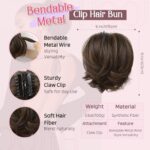HOOJIH Messy Bun Hair Piece, Claw Clip in Straight Hair Bun 9 Inch Short Ponytail Extension with Bendable Metal Wire Hair Pieces for Women Fake Hair Bun – Black Brown with Golden Brown Highlights
