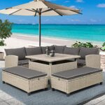Livavege 6-Piece Patio Furniture Set Outdoor Wicker Rattan Sectional Sofa with Coffee Table and Benches for Backyard, Garden, Poolside, All-Weather Anti-Slip Cushions Waterproof Covers, Brown-03
