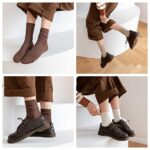 MarJunSep Women’s Cute Cotton Crew Socks Neutral Aesthetic Slouchy Boot Dress Socks Women Girls Granola Essentials Brown Tan 6 Pairs