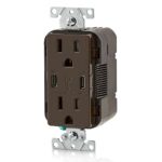 Leviton T5637-B 30W (6A) USB Dual Type-C/C in-Wall Charger with 15A Tamper-Resistant Outlet, USB Charger for Smartphones and Tablets, Not for Laptops, Brown