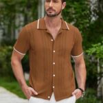 COOFANDY Men’s Knit Textured Shirts Vintage Polo Shirt Casual Lightweight Button Down Sweater Brown