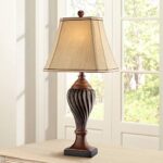 Regency Hill Traditional Style Table Lamp 28.5″ Tall Carved Two Tone Brown Urn Shaped Ball Beige Fabric Rectangular Shade for Living Room Bedroom House Bedside Nightstand Home Office