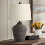 Textured Dot Jug Table Lamp, Dark Brown Finish, Cast Resin Construction, Oatmeal Linen Round Drum Shade, Idea for Modern Farmhouse or Coastal Rustic Interior Room, On-Off Socket Switch