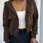 Valpweet Womens Zip Up Cropped Hoodie Fashion Sweatshirt Long Sleeve Casual Cropped Jacket Coat Outwear with Pockets Brown