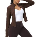 AVGO Women’s Cropped Running Workout Jackets Zip Slim Fit Athletic Tops with Thumb Holes(Roasted Brown, M)