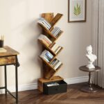 Rolanstar Bookshelf with Drawer, 7 Shelf Tree Bookshelf, Wooden Bookshelves Storage Rack for CDs/Movies/Books, Rustic Brown Bookcase, Utility Organizer Shelves for Living Room, Bedroom