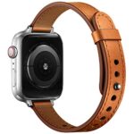 OUHENG Slim Band Compatible with Apple Watch Band 41mm 40mm 38mm, Women Genuine Leather Band Replacement Thin Strap for iWatch SE2 SE Series 9 8 7 6 5 4 3 2 1 (Brown/Silver, 41mm 40mm 38mm)