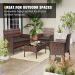 UDPATIO Patio Furniture 4 Pieces Outdoor Wicker Rattan Chair Balcony Conversation Sets Porch Furniture Sectional Loveseat w Cushions and Table for Backyard Pool Garden (Brown-Grey)