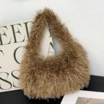 Faux Fur Fluffy Hobo Bag Furry Handbag Purse Y2K Fuzzy Tote Bag,Trendy Cute Plush Purse for Women (Brown)