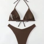 GORGLITTER Women’s High Cut Thong Swimsuit Halter Triangle Tie Back Bikini Set Bathing Suit Coffee Brown Medium
