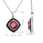 Jewelili Sterling Silver Pendant Necklace with 8mm Cushion Shape Created Ruby and Treated Black and Natural White Round Diamonds, 18″ Rolo Chain