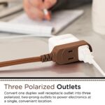 Cordinate Designer 3-Outlet Extension Cord, 8 Ft Braided Cable, 2-Prong Power Strip, Slide-to-Lock Safety, Low-Profile Flat Plug, Polarized, ETL Listed, Brown, 39982-T1, Solid Brown