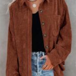 ZOLUCKY Womens Button Down Cream Shacket Long Sleeve Oversized Boyfriend Blouses Tops Casual Corduroy Shacket Jacket, Brown 3XL