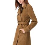 Allegra K Women’s Faux Suede Trench Coat Notched Lapel Double Breasted Jacket with Belt Small Brown