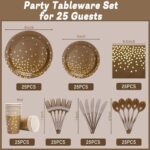 LOOWVY Brown and Gold Party Decorations, Brown Plates and Napkins Party Supplies 175Pcs Brown Paper Plates for Party Birthday Holiday, Serves 25