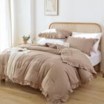 JANZAA Queen Ruffled Comforter Set 3PCS (1 Taupe Comforter Set and 2 Pillowcases) Vintage Farmhouse Shabby Chic Bedding Soft Fluffy Comforter Set All Season