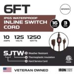 Iron Forge Cable 6 ft Brown Outdoor Extension Cord with Waterproof Inline Switch On/Off, 6 Foot 16/3 SJTW 3 Prong with IP65 Waterproof On Off Switch for Indoor & Outdoor, 10 Amp – ETL Listed