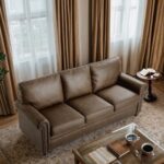 ONBRILL 84 inch 3 Seater Faux Leather Couch, Modern Farmhouse Sofa, Rolled Arm with Nailhead Trim, 3 Comfy Cushions, Wooden Gourd Feet, Upholstered Couch for Living Room, Office, Apartment, Brown