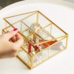 4 Compartment Golden Vintage Glass Lidded Jewelry Box, Large Clear Metal Box for Rings Bracelet Keepsake, Golden Organizer Home Decor with Decorative Lace