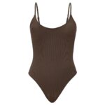 American Trend One Piece Swimsuit for Women Ribbed Open Back Bathing Suit Scoop Neck Monokini Sexy Slimming Swimwear Brown M
