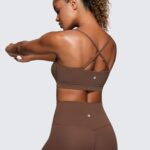 CRZ YOGA Butterluxe Womens Adjustable Spaghetti Thin Strap Sports Bra – Padded Wireless Square Neck Workout Yoga Bra Coffee Brown Medium