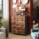 WLIVE Fabric Dresser for Bedroom with Open Shelves, Tall Dresser with 8 Drawers, Storage Tower with Fabric Bins, Chest of Drawers for Closet, Hallway, Rustic Brown Wood Grain Print