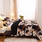 Aimuan Cow Print Duvet Cover Shaggy Fluffy Tie Dye Brown Black Velvet Bedding Set Super Soft Faux Fur Fuzzy Comforter Cover with Pillowcases (Coffee-Black, Queen)