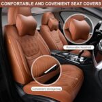 TINRAIYANG Car Seat Covers Full Set, Breathable Leather Automotive Front and Rear Seat Covers & Headrest, Universal Automotive Vehicle Seat Cover for Most Sedan SUV Pick-up Trucks, Brown