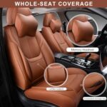 KIDYACWST Brown Leather Seat Covers Full Set, 5 Seats Universal Leather Car Seat Covers, Waterproof Leather Seat Covers for Car and Headrest, Car Seat Cushion Protector for Most Sedans SUV Truck