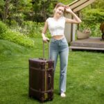 urecity Vintage Luggage Set of 2, Retro Suitcase Trunk with Wheels for Men and Women, Cute Designer Travel Luggage Set with Boarding Tote (Brown, 26″+12″)