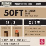 Cablectric 3 Outlet Brown Outdoor Extension Cord 50 ft, SJTW Heavy Duty 16 Gauge Extension Cord Multiple Outlets 3 Prong, 13 AMP Weatherproof Exterior Electrical Cable for Landscaping, Deck, Patio