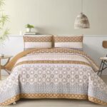WONGS BEDDING Boho Quilt Set King, Brown Bohemian Striped Patchwork Summer Bedspread Coverlet Set with 2 Pillowcases,Lightweight Microfiber Floral Bedding Set 104″×90″