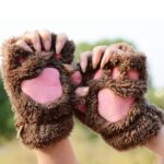Cute Cat Kitten Paw Fingerless Gloves Cozy Faux Fur Plush Half Finger Gloves Touchscreen Warm Mittens for Girls Women Brown