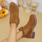 JEUROT Ankle Boots for Women Low Heel Buckle Strap Chelsea Booties Lug Sole Chunky Stacked Block Classic Ankle Booties Closed Round Toe Slip On Fashion Shoes (Brown, 7.5)