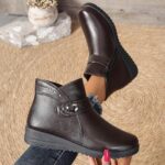 JEUROT Womens Short Ankle Boots Round Toe Pull On Booties Slip On Casual Leather Boots Side Zipper Fleece Lined Winter Shoes (Brown, 7.5)