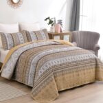 WONGS BEDDING Brown Quilt Set Queen Size, Bohemian Stripe 3 Pieces Quilts Bedspread Set Boho Lightweight Microfiber All Season Bedding Coverlet Set for Queen Bed (96″x90″)