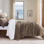 EVERGRACE Velvet Quilt Set Queen Size, Luxurious Soft Striped Channel Bedding Set, Lightweight Velvet Comforter for All Season, Oversized Bedspread Coverlet with 2 Matching Shams, Mocha Brown