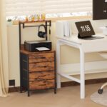 Furnulem Tall Nightstand with Charging Station, Night Stands with LED Lights and Storage Shelves, Bed Side Table for Bedroom, Hallway, Office, 4 Fabric Drawers, Rustic Brown