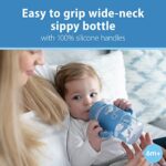 Dr. Brown’s Milestones Wide-Neck Sippy Spout Bottle with 100% Silicone Handles, Easy-Grip Handles with Soft Sippy Spout, 9oz/270mL, Light-Blue & Gray, 2-Pack, 6m+