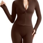 SUUKSESS Women 2 Piece Seamless Ribbed Workout Sets With Zip Up Jacket High Waisted Gym Yoga Leggings (Brown,L)