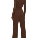 Darong Women’s 2 Piece Outfits Lounge Sets Ruched Long Sleeve Tops and Wide Leg Pants Tracksuit Sets 9065A Coffee S