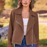 PRETTYGARDEN Women’s Winter Faux Suede Moto Biker Jacket Long Sleeve Zip Up Lapel Y2K Short Coat with Pockets Fashion Dressy (Coffee,Large)